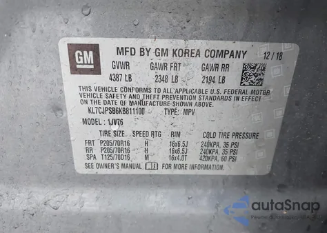 2019 Chevrolet Trax Lt z USA, uszkodzony, nr VIN KL7CJPSB6KB811100